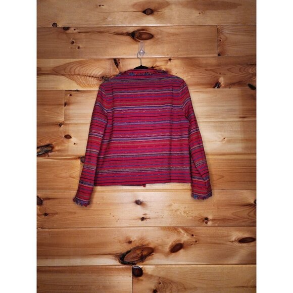 Painted Pony Women’s medium Red Striped Cotton Fringed Button Jacket Made in USA - Picture 9 of 10